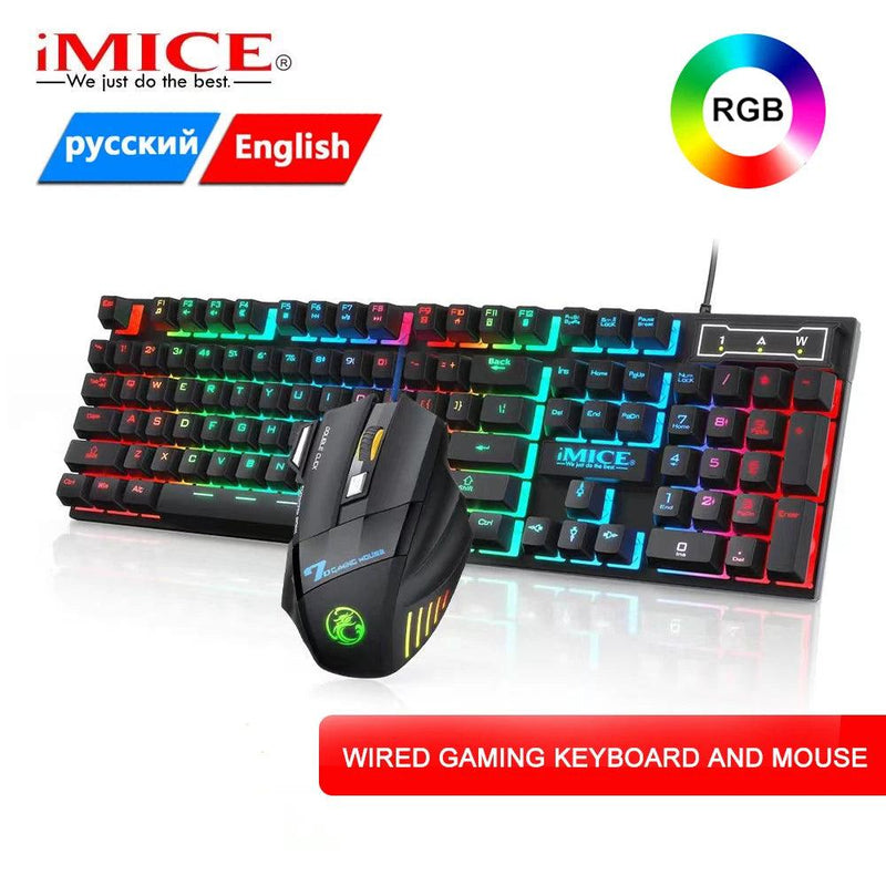 Teclado gamer e mouse RGB com luz de fundo, e com fio, PC, laptop